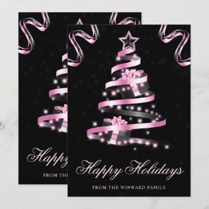 Black and Pink Sparkly Ribbon Tree Christmas Holiday Card