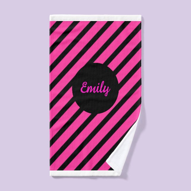 Black and Pink Stripe Monogram Pickleball Towel (Hand Towel)