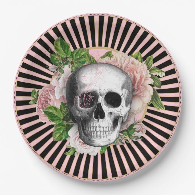 Black and Pink Striped Floral Skull Plate (Front)
