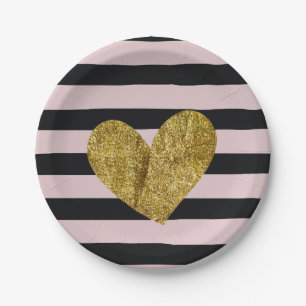 Black and Pink Stripes Gold Heart Paper Plate