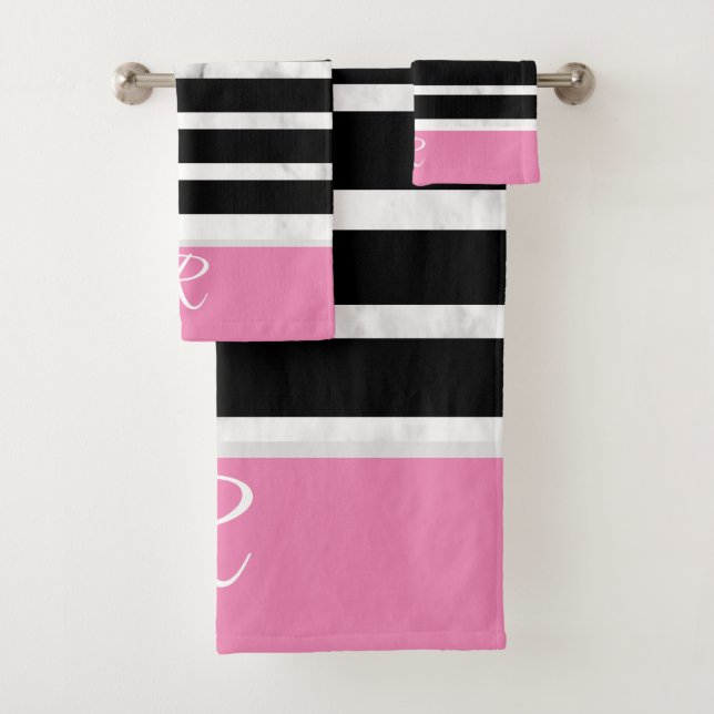Black and Pink Stripes Marble Style Monogram Bath Towel Set (Insitu)