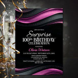 Black and Pink Surprise 100th Birthday Invitation