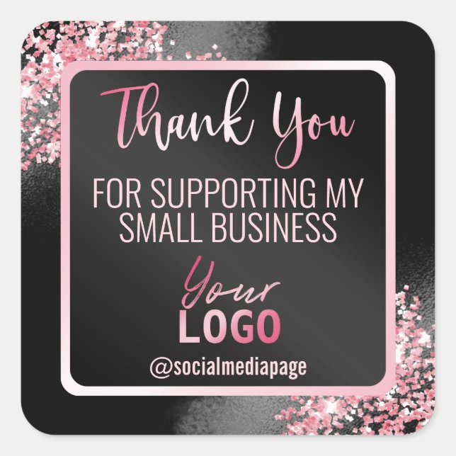 Black And Pink Thank You Business Logo Square Sticker (Front)
