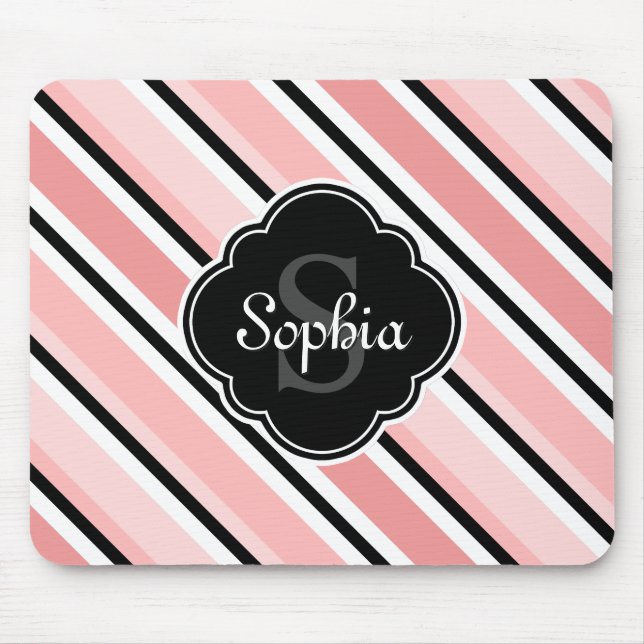 Black and Pink Tilted Stripe Pattern Mouse Pad (Front)