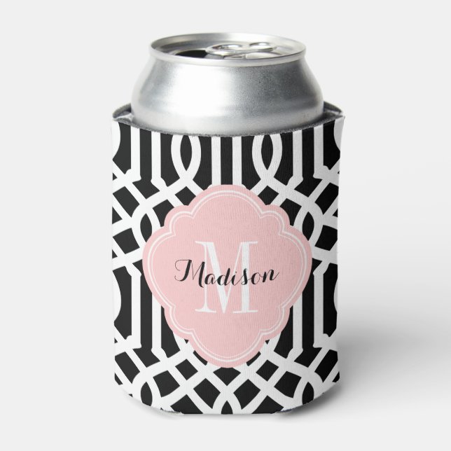Black and Pink Trellis Monogram Can Cooler (Can Front)