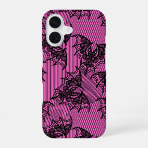 Black And Pink Vintage Bats Lace Pattern Horror iPhone 16 Case