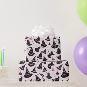 Black and Pink Witch's Hats Stars Pink Halloween Wrapping Paper