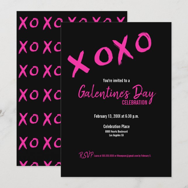 Black and Pink XOXO Galentine's Day Party Invitation (Front/Back)