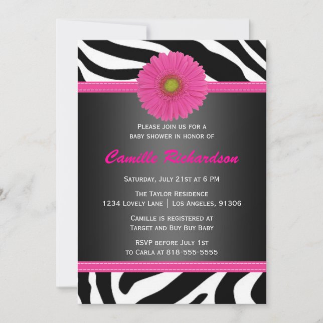 Black and Pink, Zebra, Girl Baby shower Invitation (Devant)