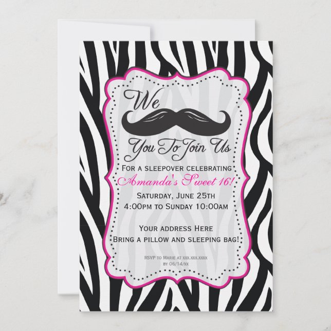 Black and Pink Zebra Moustache Sleepover Party Invitation (Front)