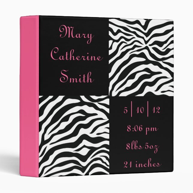 Black and Pink Zebra Print Baby Book Binder (Front/Spine)