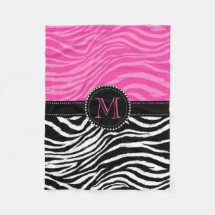 Black and Pink Zebra Print Custom Monogram girly Fleece Blanket