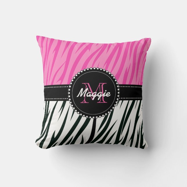 Black and Pink Zebra Print Custom Monogram girly Throw Pillow (Front)