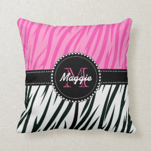 Black and Pink Zebra Print Custom Monogram girly Throw Pillow