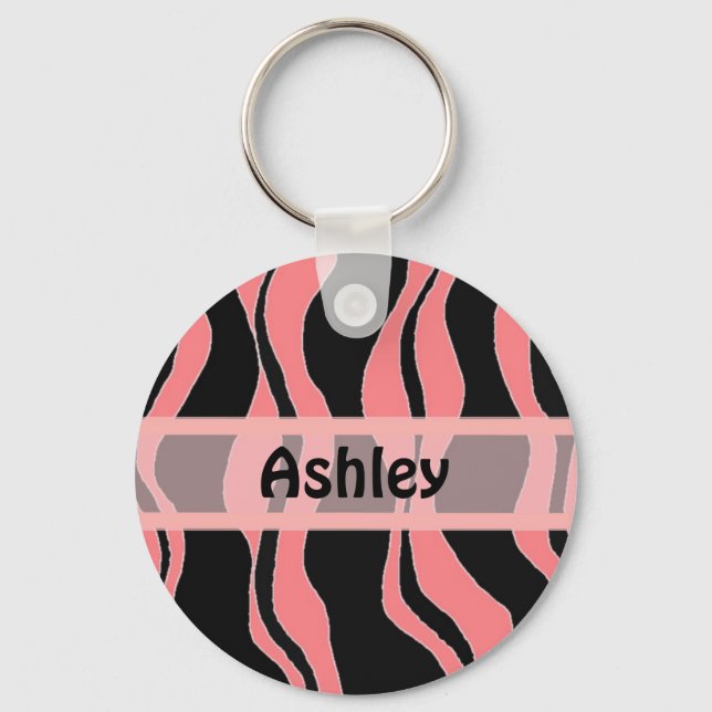 Black and Pink Zebra Stripe Personalized Keychain (Front)