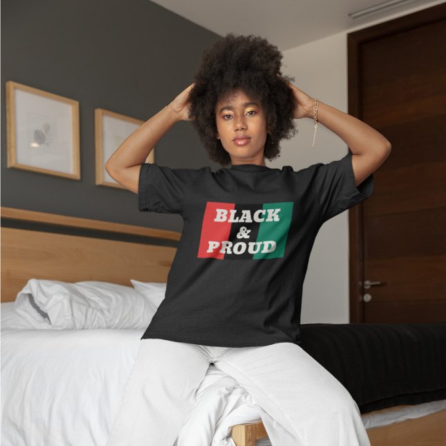 Black and Proud on a Red, Black, and Green Colours T-Shirt (Creator Uploaded)