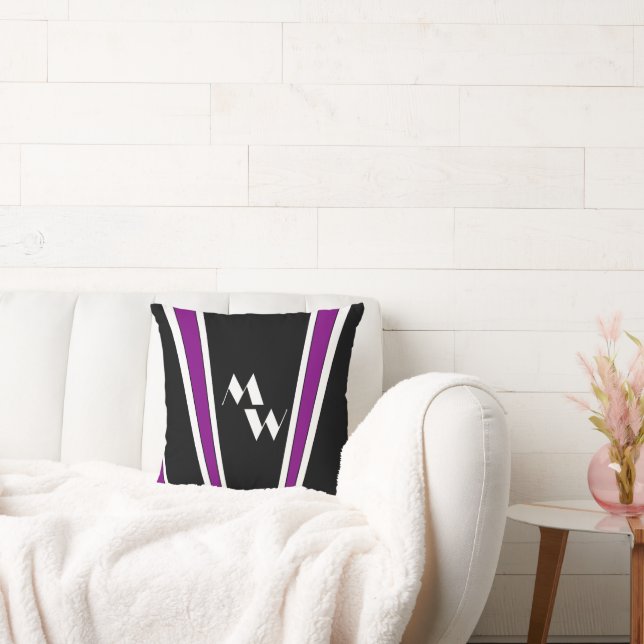 Black And Purple Art Deco Design Monogrammed Throw Pillow (Couch)