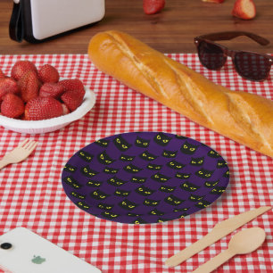 Black and purple cat yellow eyes Halloween pattern Paper Plate