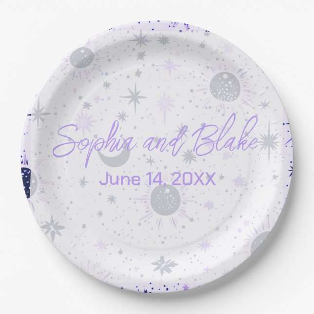 Black and Purple Celestial Wedding Paper Plate (Front)