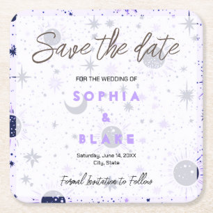 Black and Purple Celestial Wedding Save the Date Square Paper Coaster