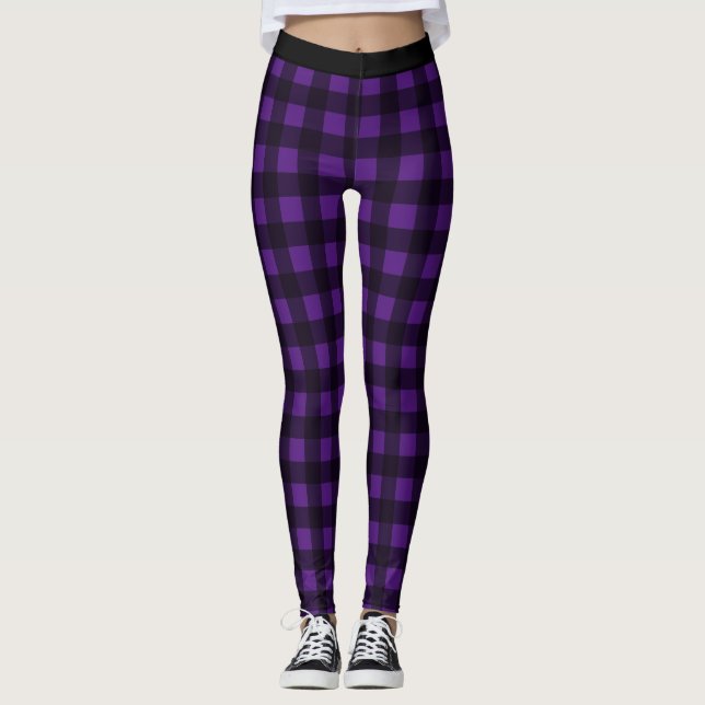 Black and Purple Check Buffalo Plaid Leggings (Front)