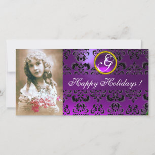 BLACK AND PURPLE DAMASK Amethyst Monogram Holiday Card