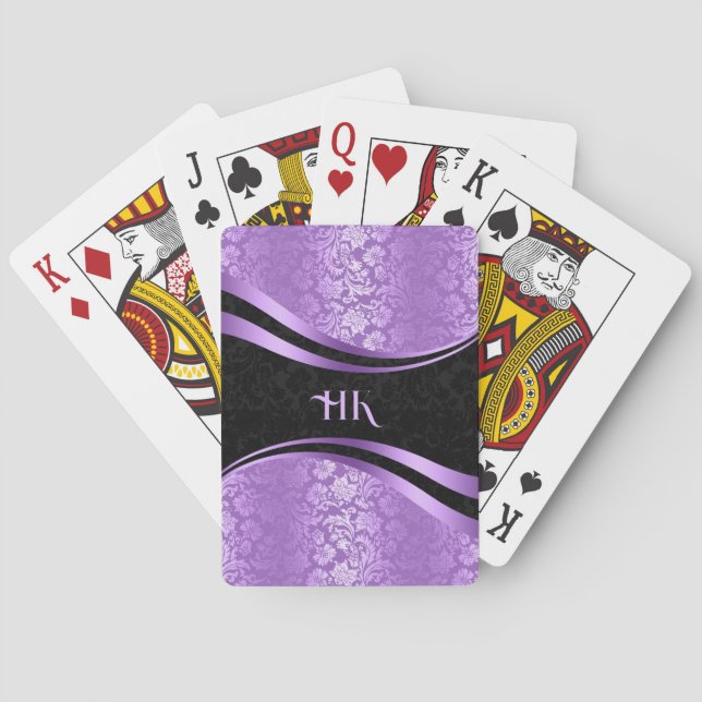 Black and purple damask dynamic lines design 2 playing cards (Back)