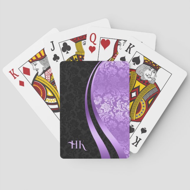 Black and purple damask dynamic lines design playing cards (Back)