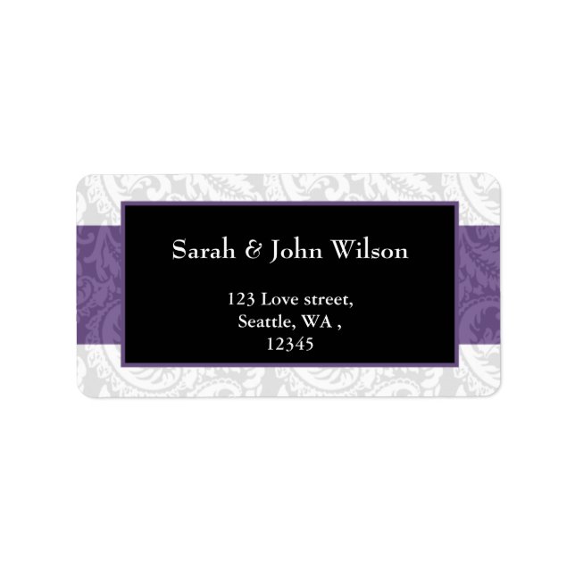 Black and Purple Damask Wedding Label (Front)