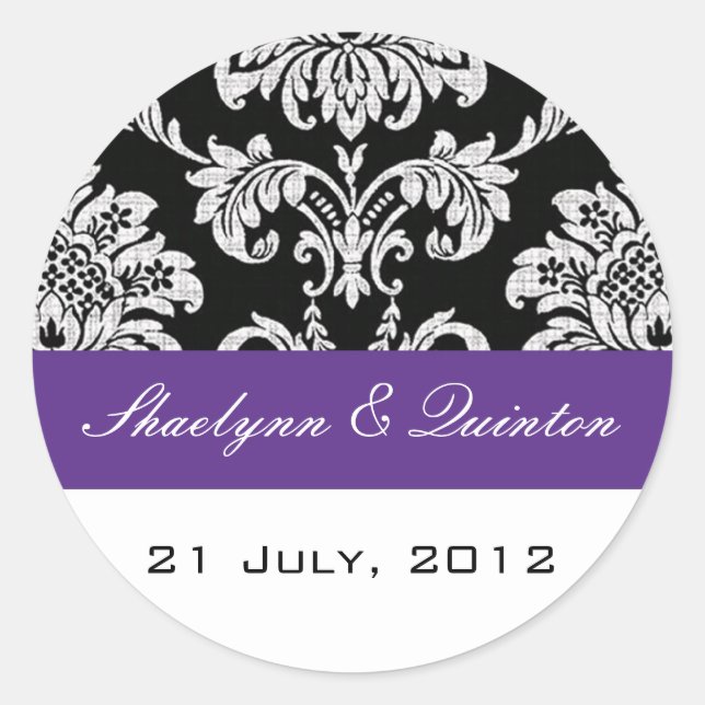 Black and Purple Damask Wedding Sticker (Front)