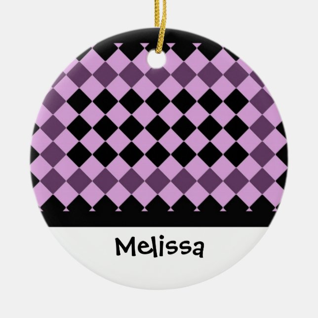 Black and Purple Diamond Custom Name Ceramic Ornament (Front)