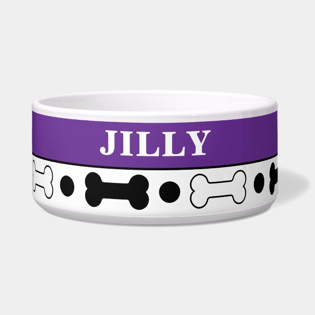 Black and Purple Dog Bone Personalized Bowl (Front)