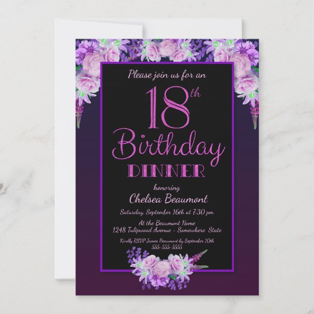 Black and Purple Floral 18th Birthday Dinner Party Invitation (Front)
