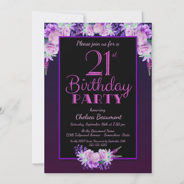 Black and Purple Floral 21st Birthday Party Invitation (Front)