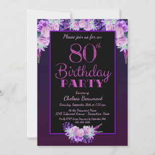 Black and Purple Floral 80th Birthday Party Invitation