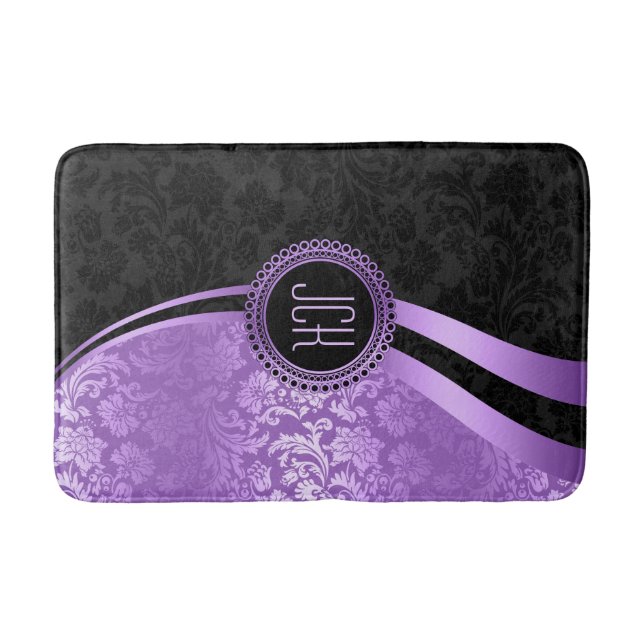 Black And Purple Floral Damasks Bath Mat (Front)