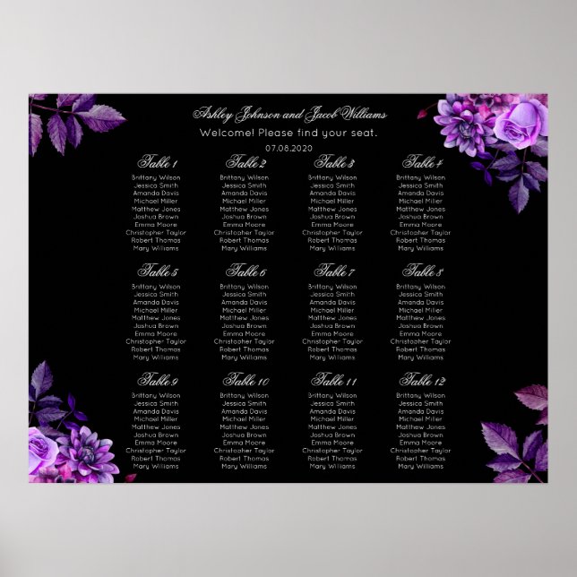 Black and purple floral wedding seating chart (Front)