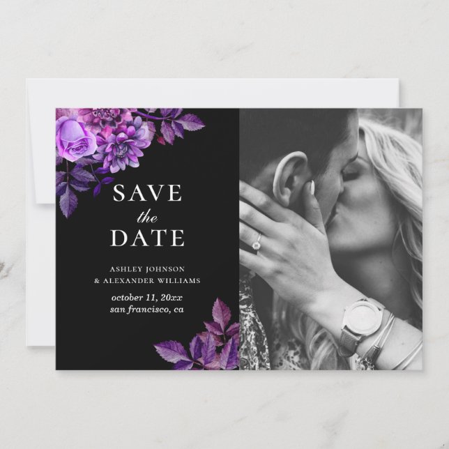 Black and purple flowers. Lilac floral photo Save The Date (Front)