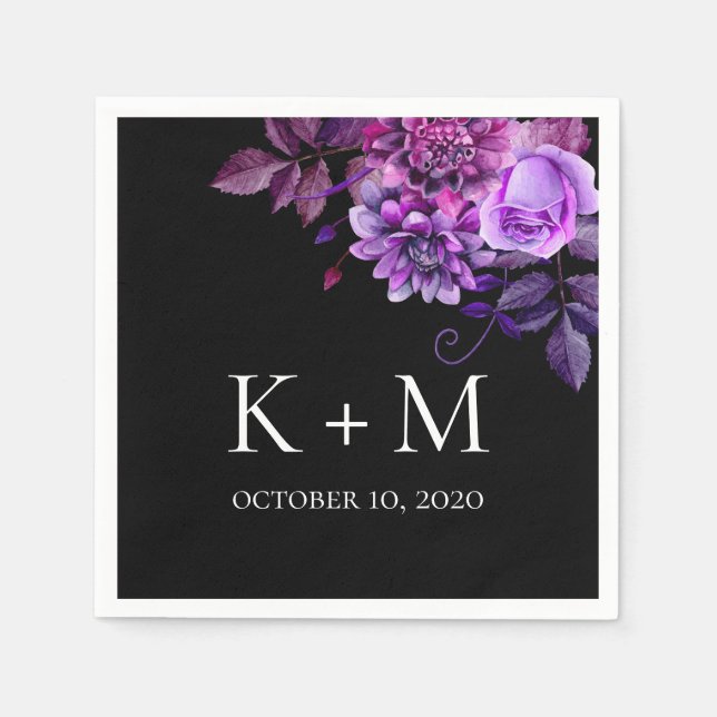 Black and purple flowers wedding. Lilac botanical Napkin (Front)