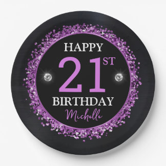 Black and Purple Glitter Confetti Birthday Paper Plate