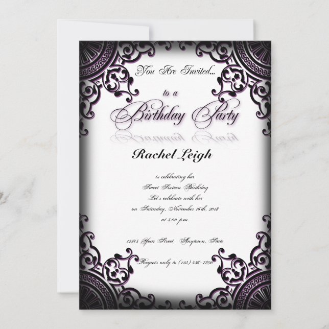 Black and Purple Gothic Scroll Birthday Invitation (Front)