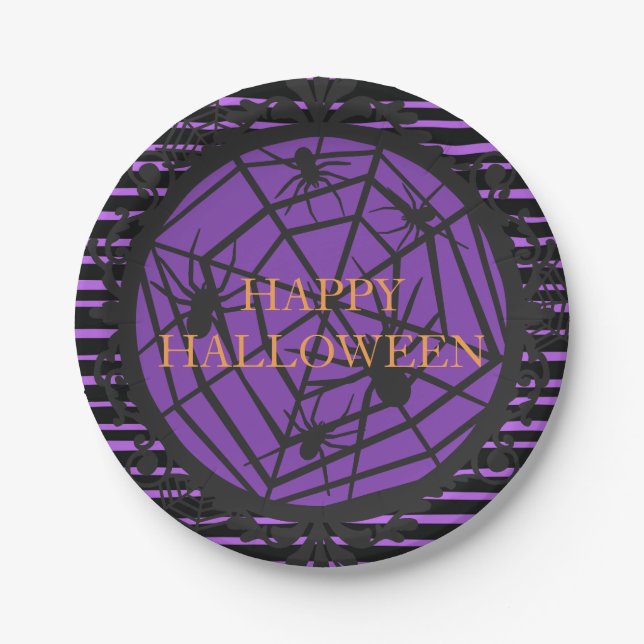Black and Purple Happy Halloween Spooky Spiderweb Paper Plate (Front)