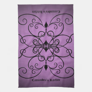 Black and purple hearts and swirls personalized kitchen towel