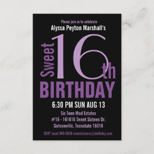 Black and Purple Modern Text Sweet 16th Party Invitation