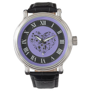 Black and Purple Music Notes Heart Wrist Watch