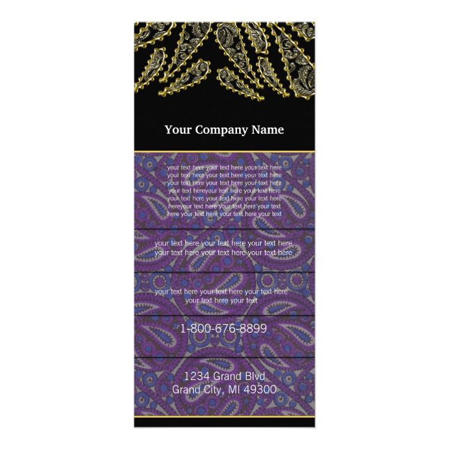 Black and Purple Paisley Swirled Rack Card (Front)