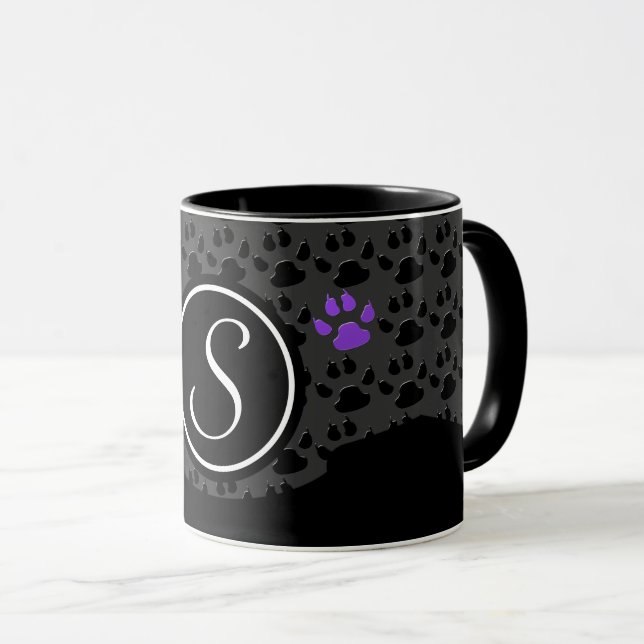 Black and Purple Paw Print Monogram Mug (Front Right)