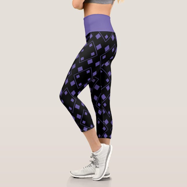 Black and Purple Random Harlequin Shapes Capri Leggings (Left)