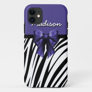 Black and Purple Ribbon Bow Zebra Print iPhone 11 Case