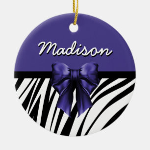 Black and Purple Ribbon Bow Zebra Print Ceramic Ornament